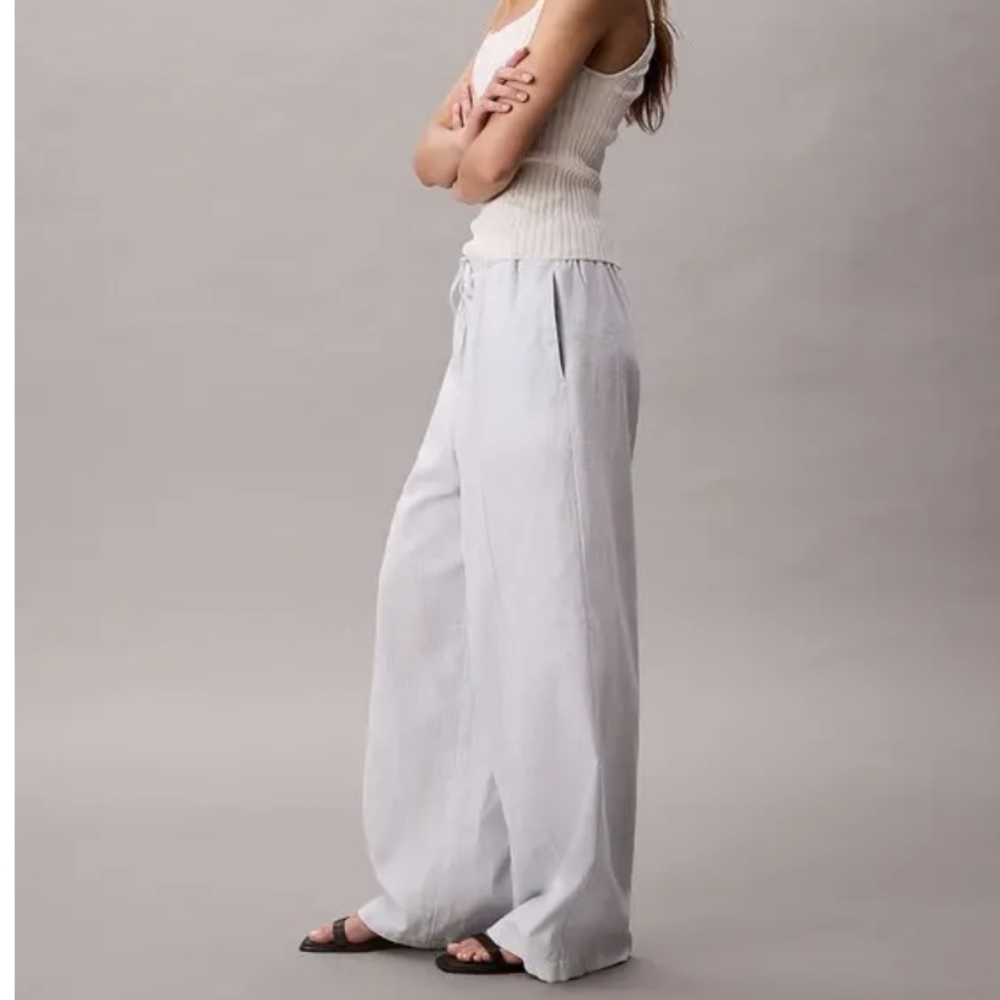 Calvin Klein Light Blue Wide-Leg Drawstring Pants, Size L - Picture 3 of 16